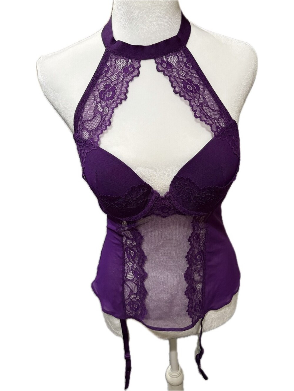 Adore Me Purple Lace Bustier Corset Lingerie 36B Garter Straps NWT